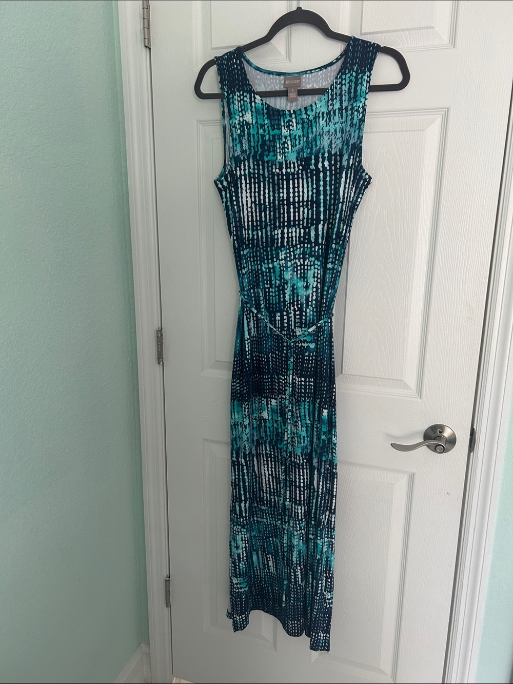 Chico's Teal and Navy Abstract Print Sleeveless Maxi Dress